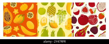 Exotisches Fruchtmuster. Nahtloser Druck aus tropischen süßen Bio-Früchten, Bananenananas-Mango-Zitrusfrüchten, Cartoon-Apfelkirsche-Granatapfel. Vektortextur Stock Vektor