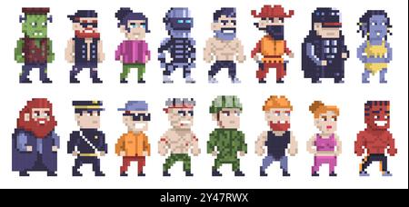Pixelzeichen. Retro 8-Bit-Videospiel-Leute, pixelsüße lustige quadratische menschliche Avatare, 16-Bit männliche und weibliche Gesichter. Vektor-isolierter Satz. Stock Vektor