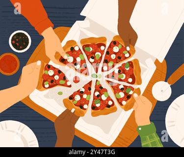 Hände mit Pizzascheiben. Cartoon-Leute, die Pizzastücke mit Käse und Pfeffer halten, Büroangestellte und Freunde, die zusammen essen. Vektor krank Stock Vektor