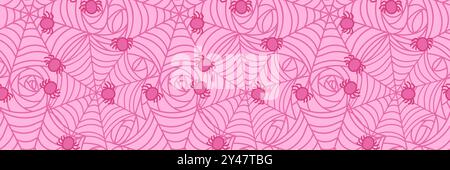 Niedliches Rosafarbenes Spinnennetz Mit Nahtlosem Muster Kawaii Halloween-Konzept. Stock Vektor