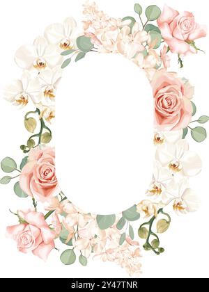 Ein Hochzeitsvektorrahmen mit Blumen rosa Rosen, weißen Orchideen und zarten Hortensien. Stock Vektor
