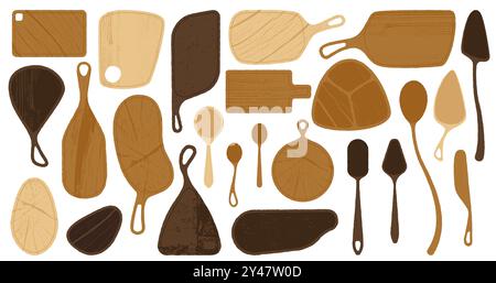 Schneidebretter. Cartoon Küchenutensilien aus Holz, Kreis- und Rechteckbrett zum Zerkleinern und Schneiden von Speisen, natürliche Materialien flach. Vektorisolierung Stock Vektor