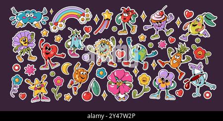 Groovige 70er Jahre Aufkleber. Cartoon Vintage 60er Jahre, 70er Jahre Retro-Stil, groovende Embleme mit abstrakten Blumen und Retro-Hippie-Symbolen. Farbenfrohe Vektorgruppe. Stock Vektor