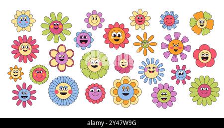 Groovige Blumentrickfiguren. Niedliche abstrakte Figuren im Retro-Stil der 60er 70er Jahre, psychedelische, niedliche, funky Gänseblümchen-Hippie-Blüten. Vektor-isolierter Satz. Stock Vektor
