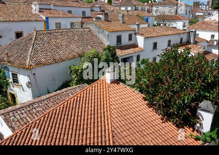 Terrakotta-Dächer und üppiges Grün im charmanten Dorf Óbidos, Portugal Stockfoto