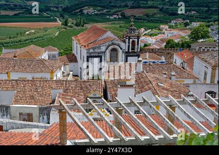 Panoramablick auf Terrakottadächer und historische Gebäude und die üppige Landschaft von Óbidos Stockfoto