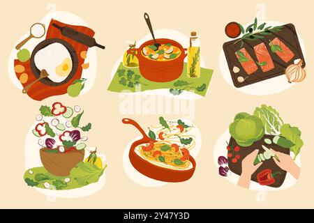 Kochkonzepte. Cartoon Küchenutensilien und -Geräte, Koch bereitet Mahlzeiten zu, Hände mischen Schüssel, Schneebesen, Töpfe und Pfannen. Vektorflacher Satz. Stock Vektor
