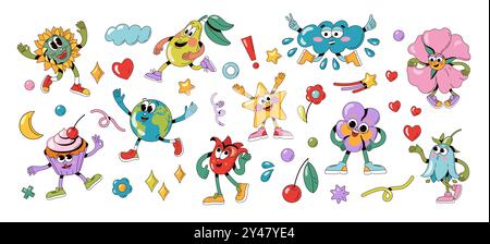 Groovige Zeichentrickfiguren. Niedliche 70er 80er Jahre Retro Comic abstrakte groovige Figuren, bunte lustige Kritzele psychedelische Menschen mit verschiedenen Emotionen. Vektor Stock Vektor