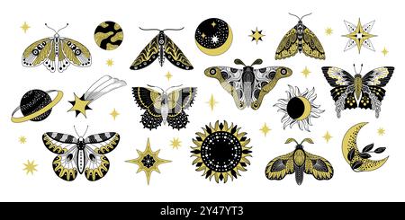 Himmlische Boho-Schmetterlinge. Böhmische magische ethnische Schmetterlingsskizze, Vintage dekorative kosmische Insekten Tattoo Design. Vektor-isolierter Satz. Stock Vektor