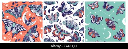 Boho-Schmetterlingsmuster. Nahtloser Druck von Motten und astrologischen mystischen Symbolen mit abstrakten Fantasy-Insekten und Textil-Design aus ethnischem Stoff. Vektortext Stock Vektor