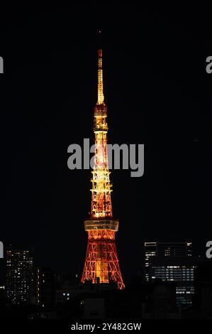 Nahaufnahme des Tokyo Tower, hell beleuchtet in orange und gelben Lichtern bei Nacht. Das ikonische Gebäude steht hoch vor der dunklen Skyline der Stadt. Stockfoto