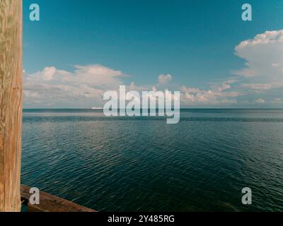 Von Pol links eingerahmt Blick nach Osten in Richtung Tampa Bay, Bootsrampe von Point Pinellas am Bay Vista Park Pier. Grüne Palmen links, blauer Himmel mit weiß Stockfoto