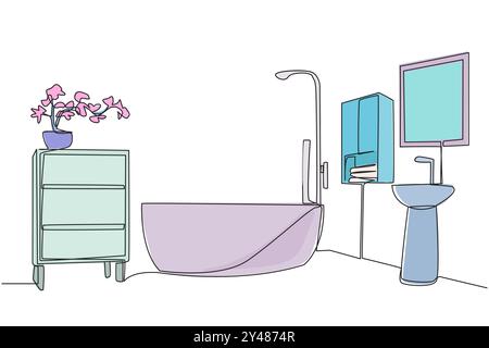Einzeiliges, stilvolles Badezimmer mit modernen Möbeln. Natürliches Tragegefühl. Sehr gemütliches und hygienisches Badezimmer beim Aufenthalt. Sauber und klar. Kom Stock Vektor