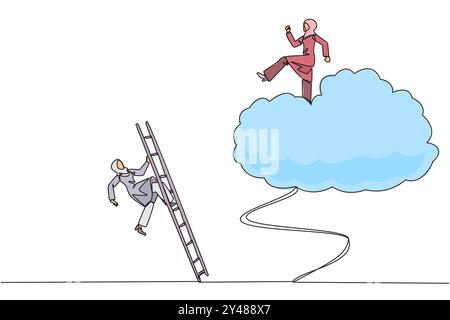 Eine durchgehende Linienzeichnung Arabische Geschäftsfrau tritt Rivalen, die mit einer Leiter die Wolke erklimmen. Perfekte Leistung im Unternehmen. Bringen Sie Konkurrenten zum Stillstand Stock Vektor