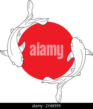 Koi-Karpfenfische abstrakte Silhouette von zwei Koi-Karpfenfischen, die in einem Teich kreisen. Lineart-Vektor-Illustration. Stock Vektor