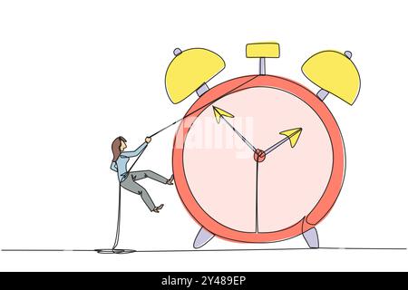 Einzelne durchgehende Linienzeichnung Geschäftsfrau, die Wecker mit Seil klettert. Arbeiten Sie sorgfältig, um jede Aufgabe abzuschließen. Funktioniert perfekt. Ohne Fehler Stock Vektor