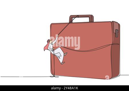 Durchgehende, einzeilige Zeichnung arabischer Geschäftsmann klettert mit Seil auf den Aktenkoffer. Metapher für den Aufbau von Unternehmen von Grund auf. Wächst und hat viele Beziehungen Stock Vektor