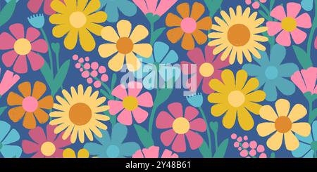 Lebendiges Blumenmuster mit stilisierten gelben Gänseblümchen, rosa, roten, blauen Blumen und grünen Blättern auf tiefblauem Hintergrund in verspielter Retro-Ästhetik. Tapetendesign für Textilien, Stoffe. Stock Vektor