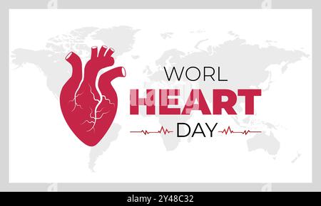 World Heart Day Design mit menschlicher Herzform, Herzschlagzeichen und Weltkartenhintergrund. Stock Vektor