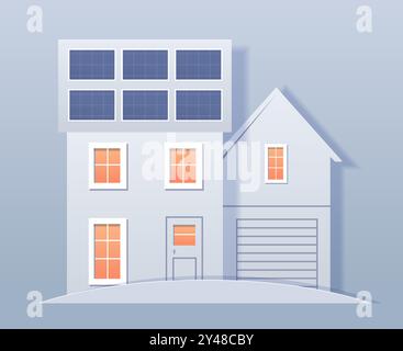 Haus mit Solarpaneelen auf dem Dach umweltfreundliches Konzept im Papierschnitt Stil modernes Haus mit Fenstern Garage blauer Hintergrund Stock Vektor