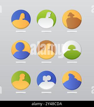 Bunte kreisförmige Ikonen mit Silhouettenfiguren im Papierschnitt, Designelemente abstrakte Formen von Menschen Stock Vektor