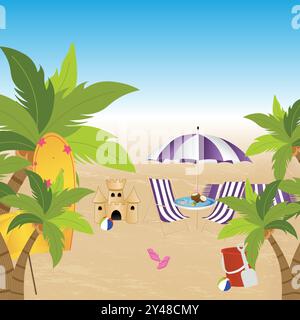 Sunset Beach Vector Design. Sonnenschirm, Ball, Eimer, Palme, Sonnenschirm, Flipflops, Sandhaus, Tisch und Stuhl. Vektor-Illustration der Strandszene Stock Vektor