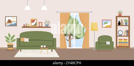 Vektorillustration im Wohnzimmer. Wohnzimmer mit Möbeln. Sofa, Sessel, Tisch, Balkon, Gestell, Zimmerpflanzen, Tisch, Dekoration. Flacher STYLE. Stock Vektor