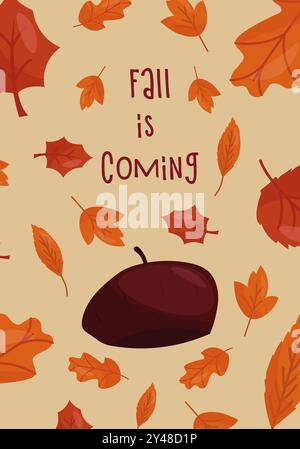 Herbstillustration. Der Herbst kommt, Zitat. Vektorillustration rote Baskenmütze auf beigem Hintergrund. Stock Vektor