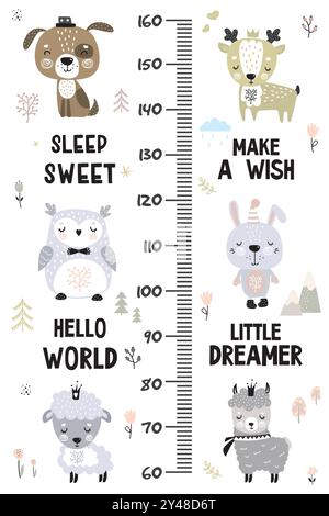 Größentabelle für Kinder. Süße und lustige Doodle-Tiere. Wachstumsdiagramm im skandinavischen Stil. Posterschablone, kindlicher Druck. Verschiedene Wildtiere mit Diffe Stock Vektor