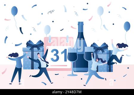 Leute, die Neujahr oder Happy Birthday feiern. Erfolgreiches Teamwork-Business-Siegesbanner. Gruppe von Geschäftsleuten mit großer Flasche, Gläsern, g Stock Vektor