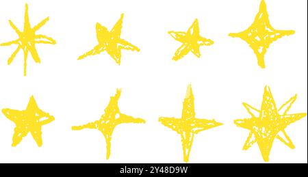 Set aus goldenen Kreidesternen. Shiny- oder Glitzer-Doodle-Kollektion. Gelbe Wachsstift-Handzeichnungselemente des Nachthimmels im Kinderstil. Buntstift Stock Vektor