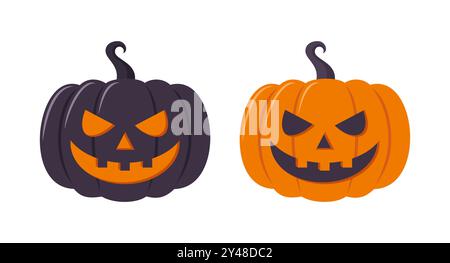 Schwarz-orange Halloween Kürbisse isoliert auf weißem Hintergrund. Illustration des flachen Vektors Stock Vektor