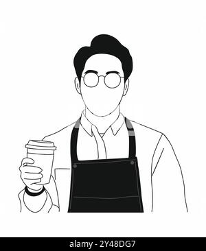 Fröhlicher Barista mit Kaffeetassen zum Mitnehmen. Stock Vektor