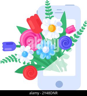 Vektor-Grafik-Illustration des Frühlingsstraußes, der aus einem Telefon in einem lebhaften soliden Cartoon-Stil blüht. Herrliche Mischung aus Blumen und grünen Blättern. Stock Vektor