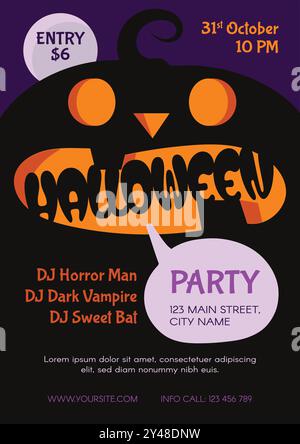 Posterschablone im Cartoon-Stil mit neonfarbenem Kürbis und gruseligem Thema. Ideal für Halloween-Partys, Event-Promotions und festliche Dekorationen. Perfekt für Soci Stock Vektor