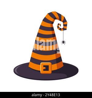 Halloween orange und schwarz gestreifte Mütze mit Spinne auf Web, isoliert auf weißem Hintergrund. Illustration des flachen Vektors Stock Vektor