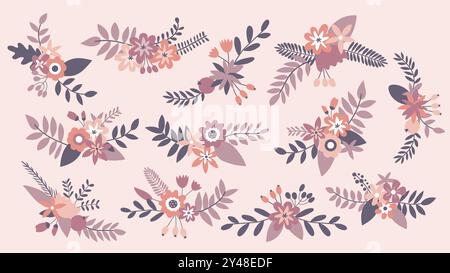 Niedliches dekoratives Clipart-Set mit Blumenmuster. Farbpalette in warmem Lila. 12 niedliche dekorative Ecken und Textteiler, perfekt für Hochzeitseinladungen und -Designs Stock Vektor