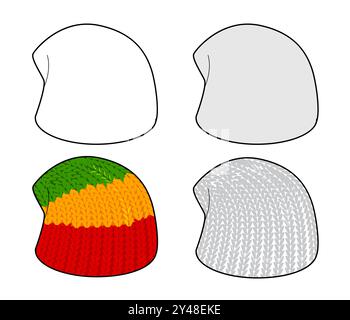 TAM Rasta Hut Gestrickte Winter Kopf Mode Accessoire Cap Kleidung technische Illustration. Vektor-Kopfbedeckung für Männer, Frauen, Unisex-Stil, flache Vorlage CAD-Modell Skizze Umriss isoliert Stock Vektor