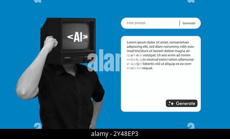 AI Prompt Generator Retro-Benutzeroberfläche Mockup und Vorlage für mobile App, Webbrowser, Banner. Person mit TV-Leiter, der KI repräsentiert Stock Vektor