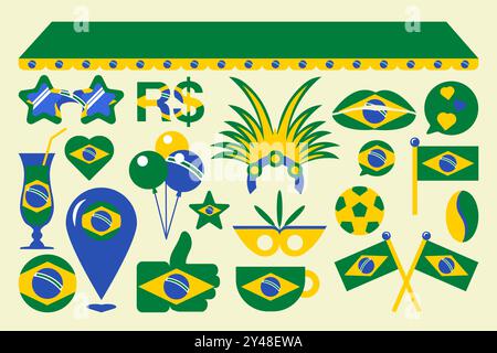 Lebendige brasilianische Fiesta-Vektor-Clip-Art-Kollektion. Das Set zeigt festliche Elemente in den legendären Farben der brasilianischen Flagge: Küssende Lippen und Füße Stock Vektor