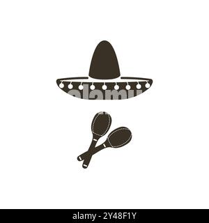 Ein Attribut der mexikanischen Bevölkerung ist ein Hut und Maracas. Einfacher schwarzer Hut im mexikanischen Stil Vektor. Stock Vektor