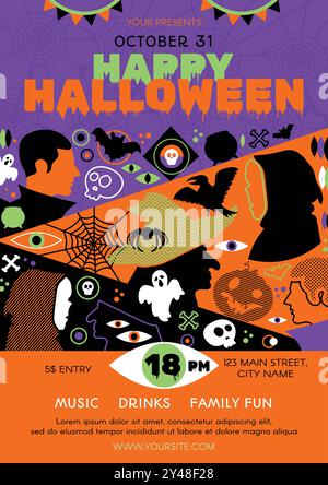 Bunte Neon Vektor Halloween Poster Vorlage mit Text mit Hexe, Vampir, Spinne, Geister, Kürbis, Fledermaus, Schädel, Netz und Augen in Neonlicht Stock Vektor