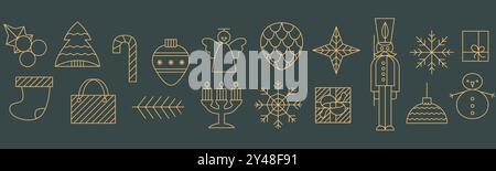 Horizontale frohe Weihnachten, goldene Ikonen für das neue Jahr. Elegantes, modernes Outfit Xmas Modern Elements nahtloses Banner. Stock Vektor