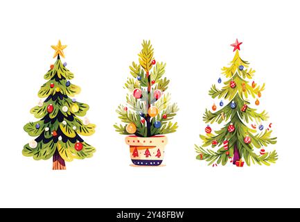 Weihnachtsbaum Aquarell isoliert auf weißem Hintergrund, Satz von Grün Weihnachtskiefer Aquarellvektor Illustration Stock Vektor