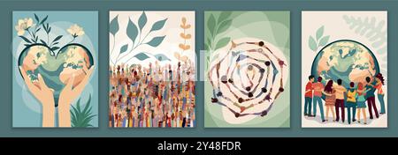 Poster-Vorlage mit einer Gruppe von Menschen unterschiedlicher Kultur im Kreis, die die Hände zusammenhalten und für eine umweltfreundliche und saubere Umwelt und Erde zusammenarbeiten. Stock Vektor