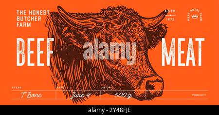 Kuh, Stier, Rinderkopf, Fleisch-Etikett Stock Vektor
