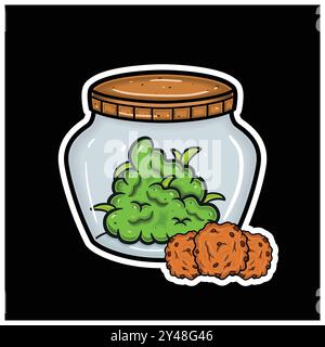Keksgeschmack mit Cartoon Maskottchen von Weed Bud auf dem Glas. Für Aufkleber und Etikett. Vektor und Illustration. Stock Vektor
