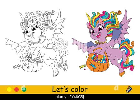Niedliche Einhornfledermaus mit Süßigkeiten. Halloween-Konzept. Malbuch-Seite für Kinder mit farbenfroher Vorlage. Vektor-Zeichentrick-Illustration Stock Vektor