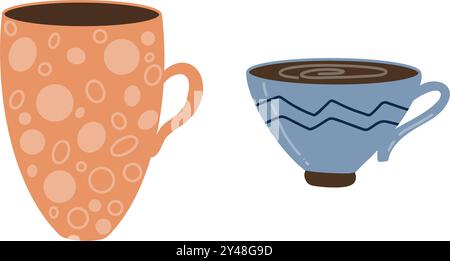 Illustration von zwei stilvollen Tassen, eine orange mit kreisförmigen Mustern und eine blaue mit welligen Linien, perfekt für Kaffee, Tee und heiße Getränke. Ideal Stock Vektor