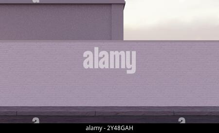Eine Wand aus hellen, strukturierten Ziegeln mit einem minimalistischen Gebäude im Hintergrund. Die schlichte Komposition und die neutralen Farben schaffen eine urbane Atmosphäre. Stockfoto